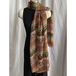 Beautiful‎ Boho Sheer Scarf Orange Rust Green Approx 76x27”